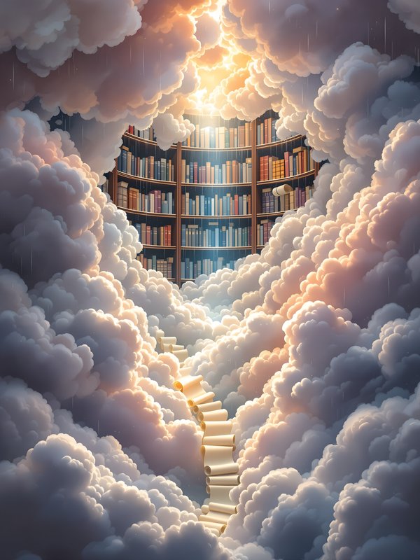Heavenly Library in Clouds: Scroll Staircase to Knowledge