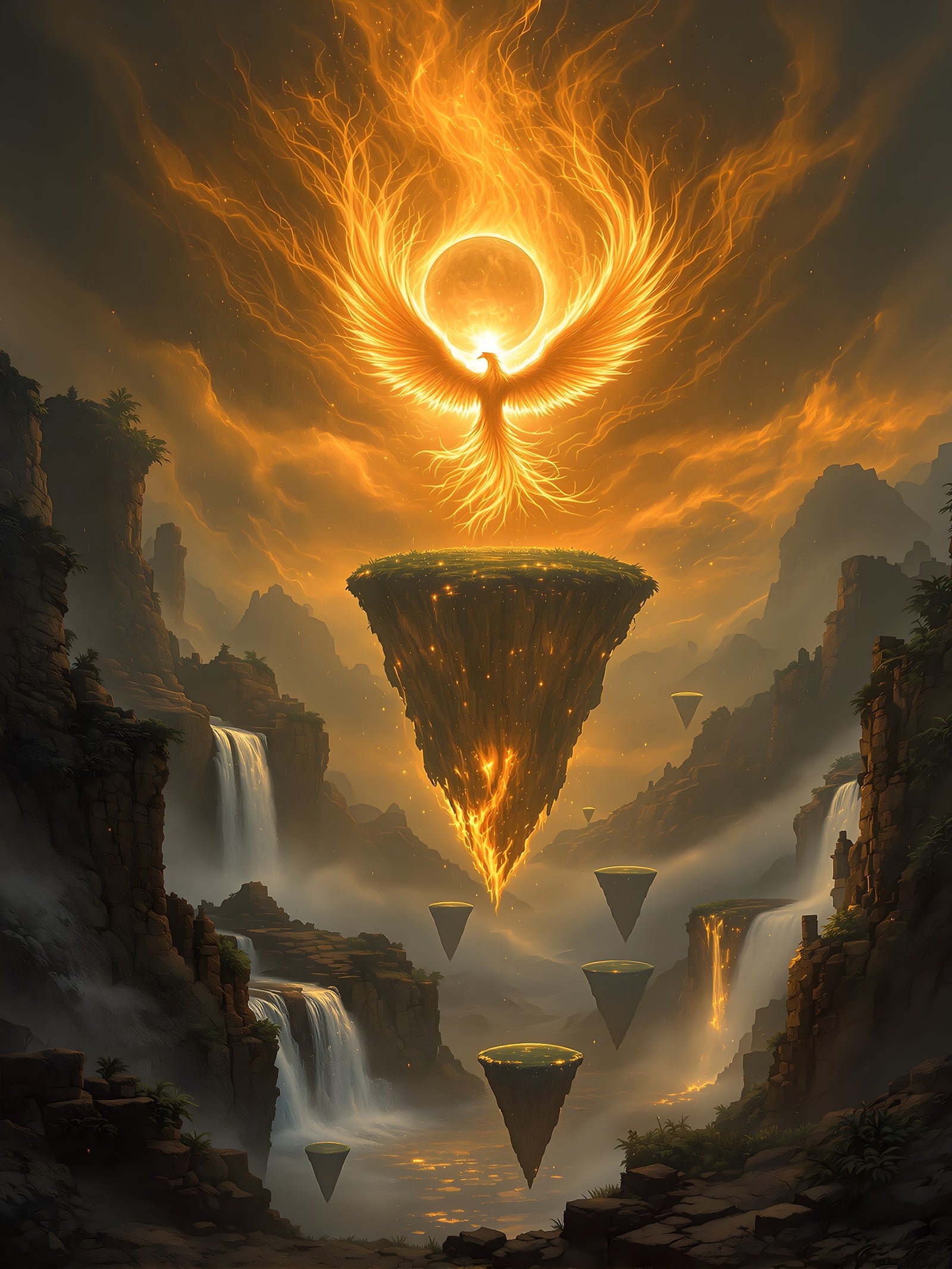 Phoenix Guardian Golden Sky Fantasy Waterfall, phoenix, fantasy, golden, waterfall, floating island, mythical