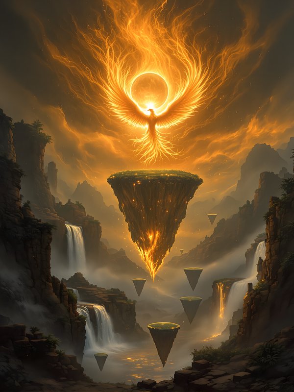 Phoenix Guardian Golden Sky Fantasy Waterfall