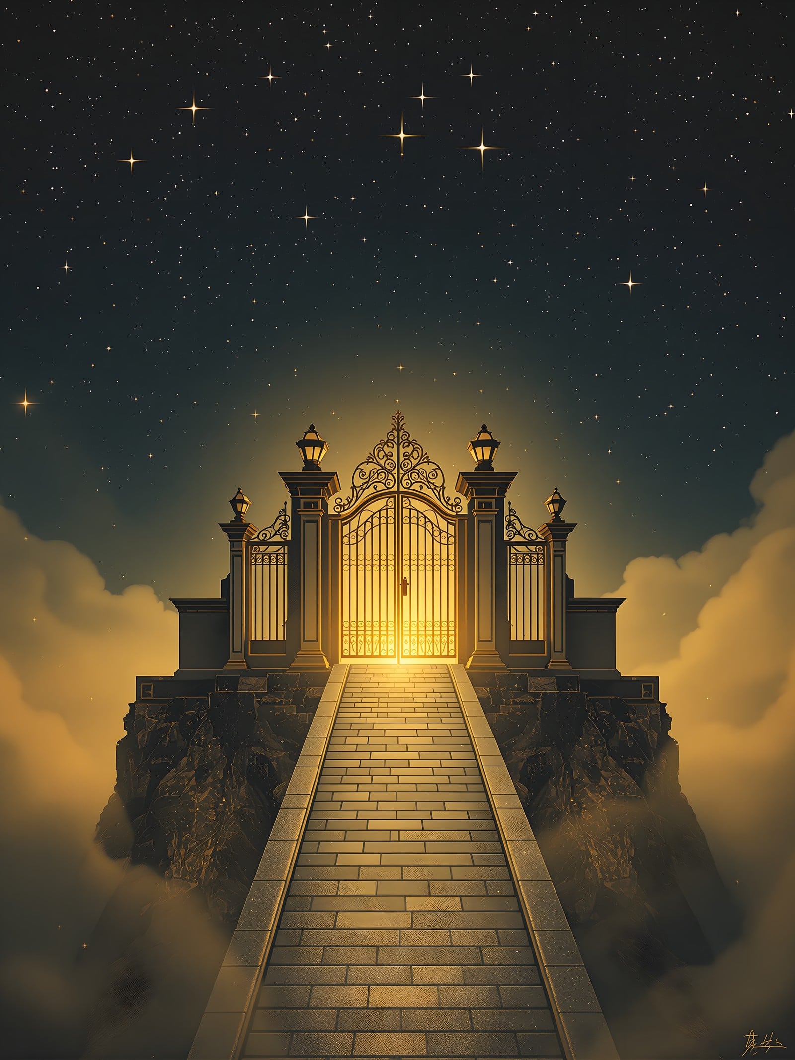 Heavenly Gate on Sky Island with Stars, heaven gate, golden gate, stairway to heaven, fantasy art, celestial, stars
