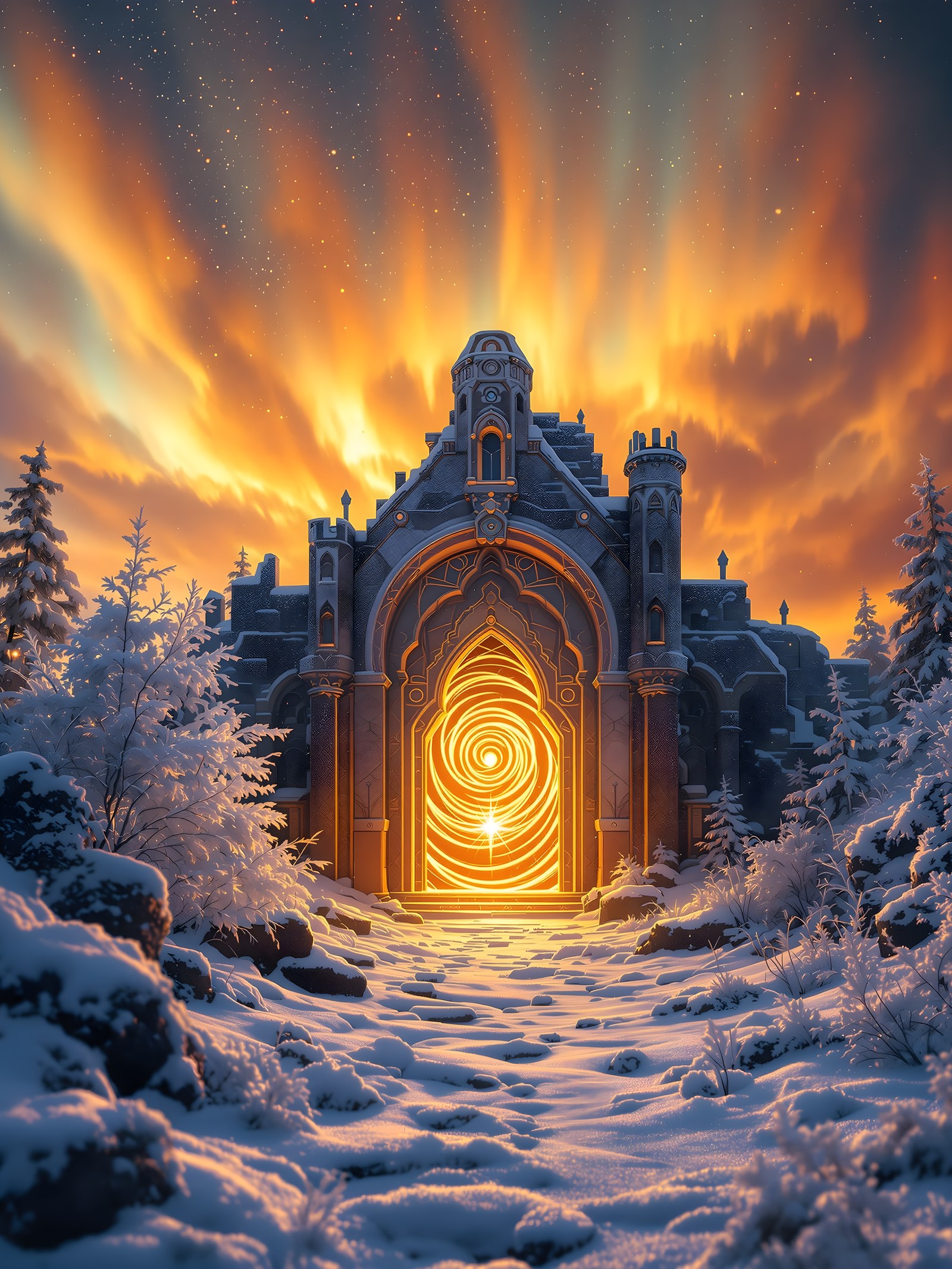 Winter Castle Gate under Fiery Aurora Sky, fantasy castle, winter wonderland, aurora borealis, magic portal, snowy landscape, fantasy art