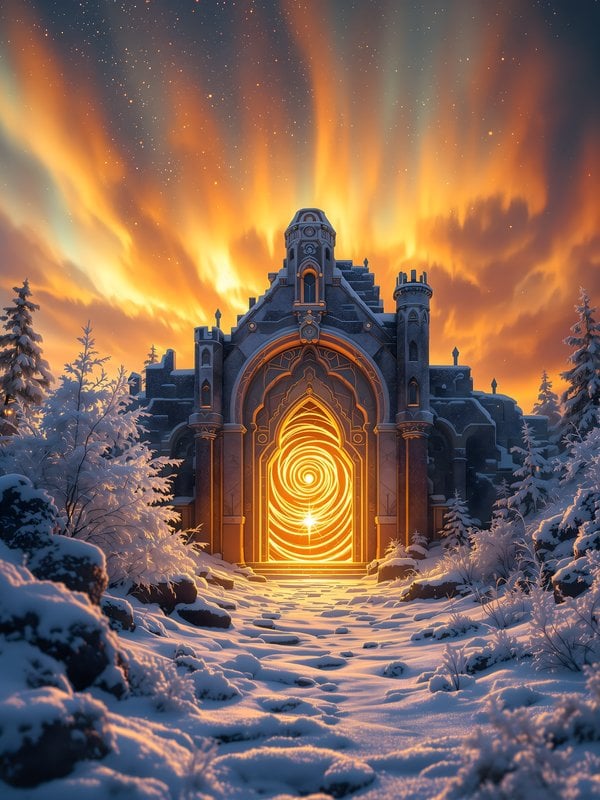 Winter Castle Gate under Fiery Aurora Sky