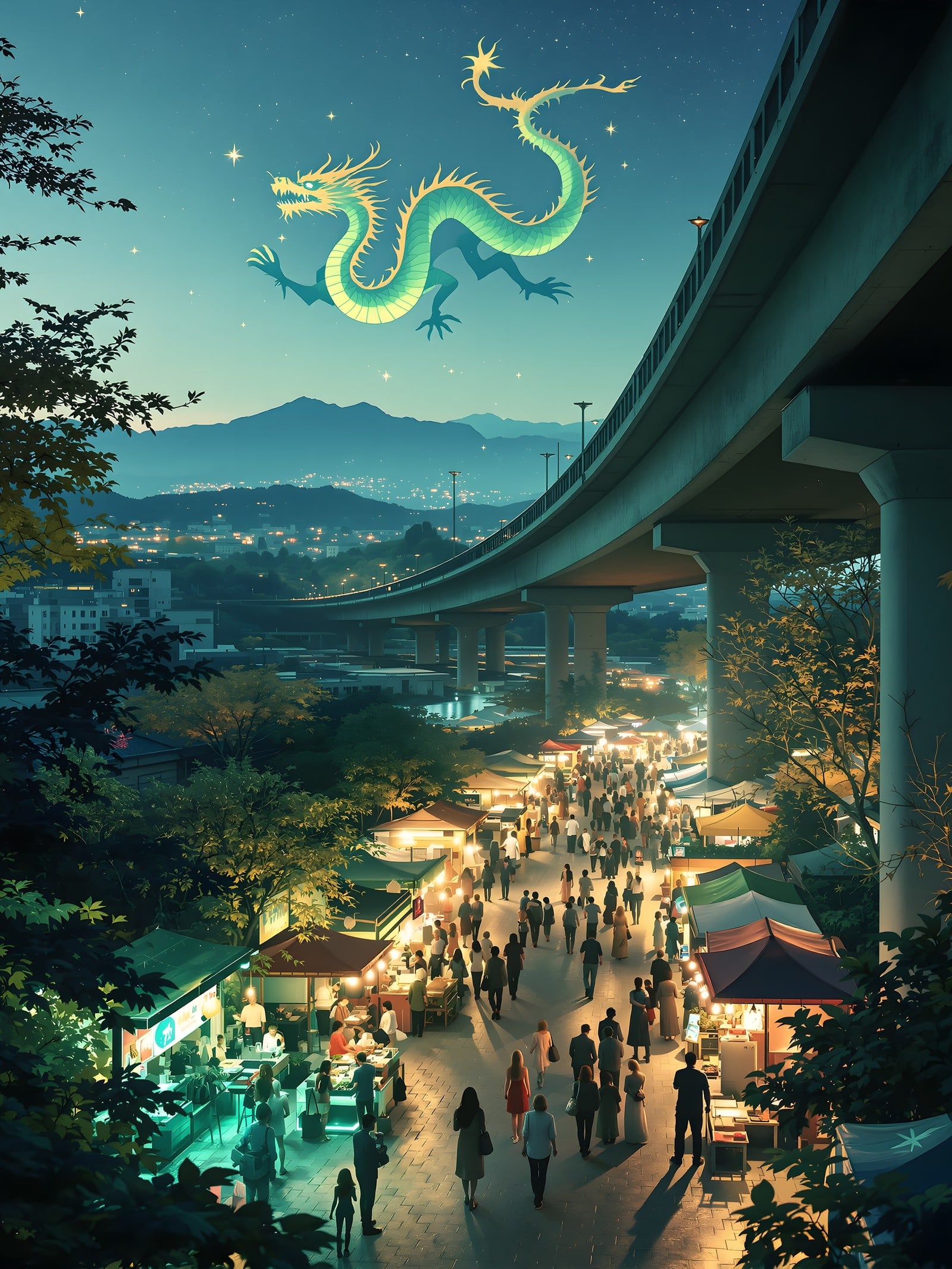 Night Market Dragon Dreamscape Wallpaper, night market, dragon, fantasy city, urban fantasy, asian dragon, celestial