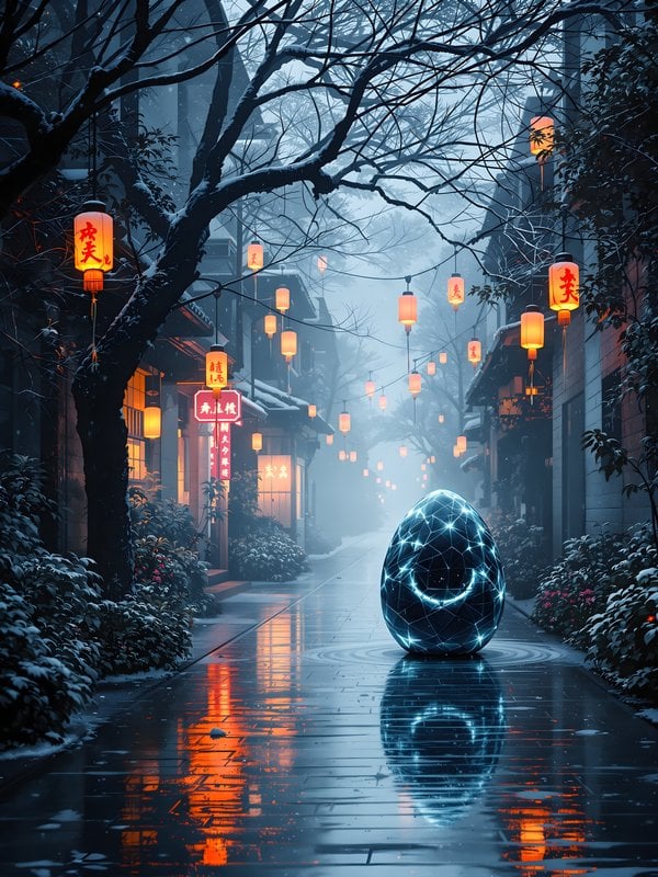Winter Alley with Lanterns and Neon Egg
