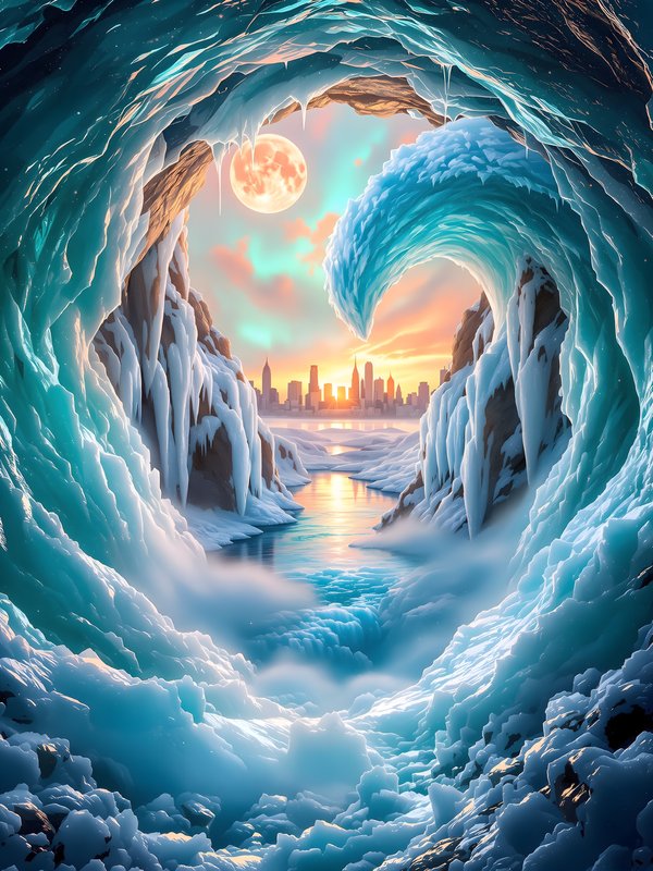 Arctic Ice Cave Cityscape Full Moon