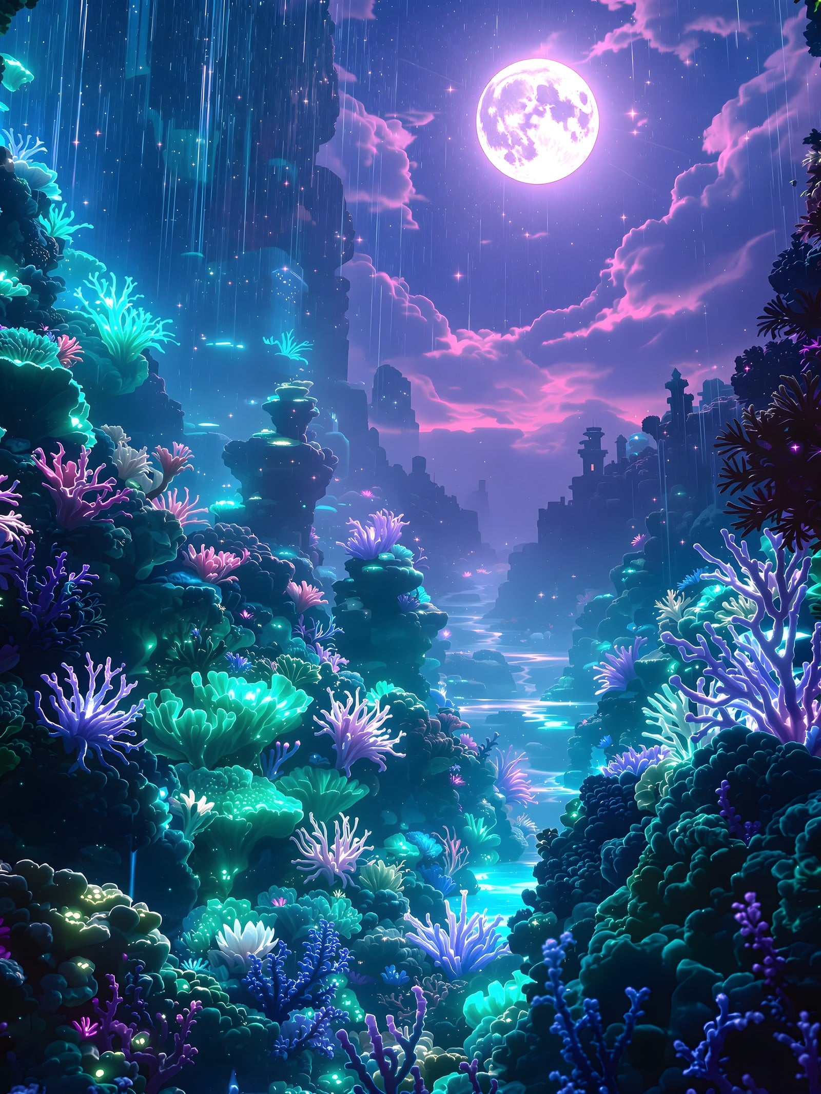 Enchanted Glowing Underwater Kingdom Night, fantasy, underwater, bioluminescent, glowing coral, moonlit, night scene