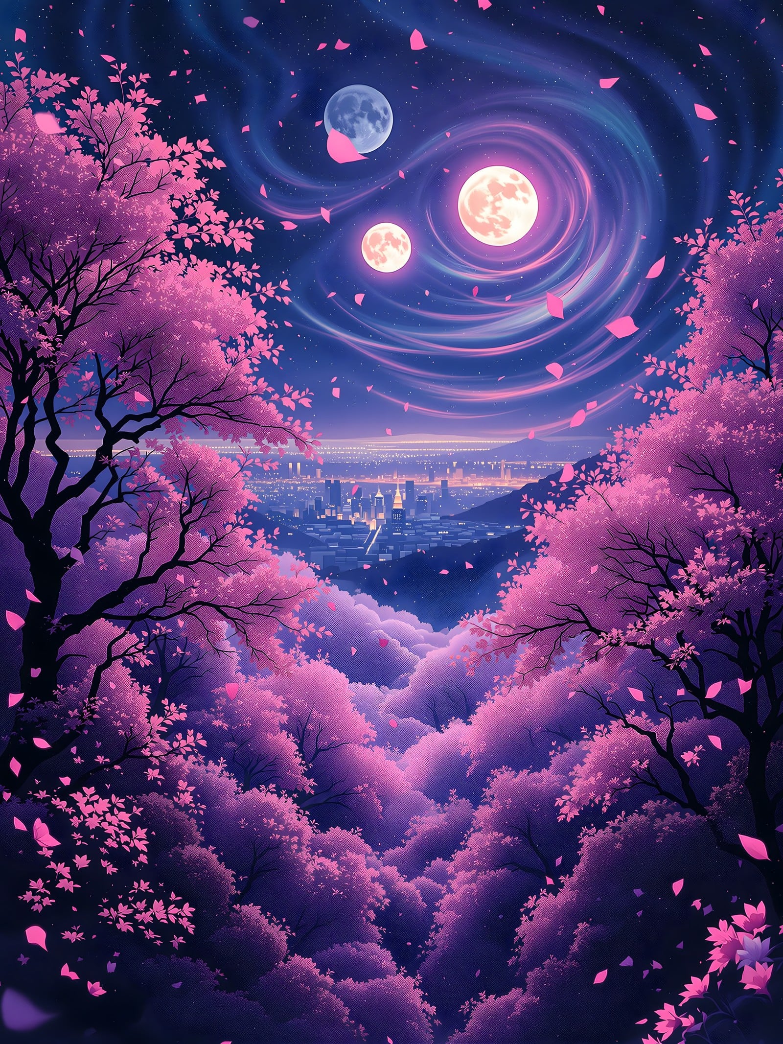 Triple Moon Night City with Pink Cherry Blossoms, cherry blossoms, sakura, night city, multiple moons, fantasy landscape, cosmic sky