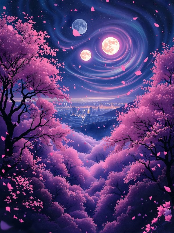 Triple Moon Night City with Pink Cherry Blossoms