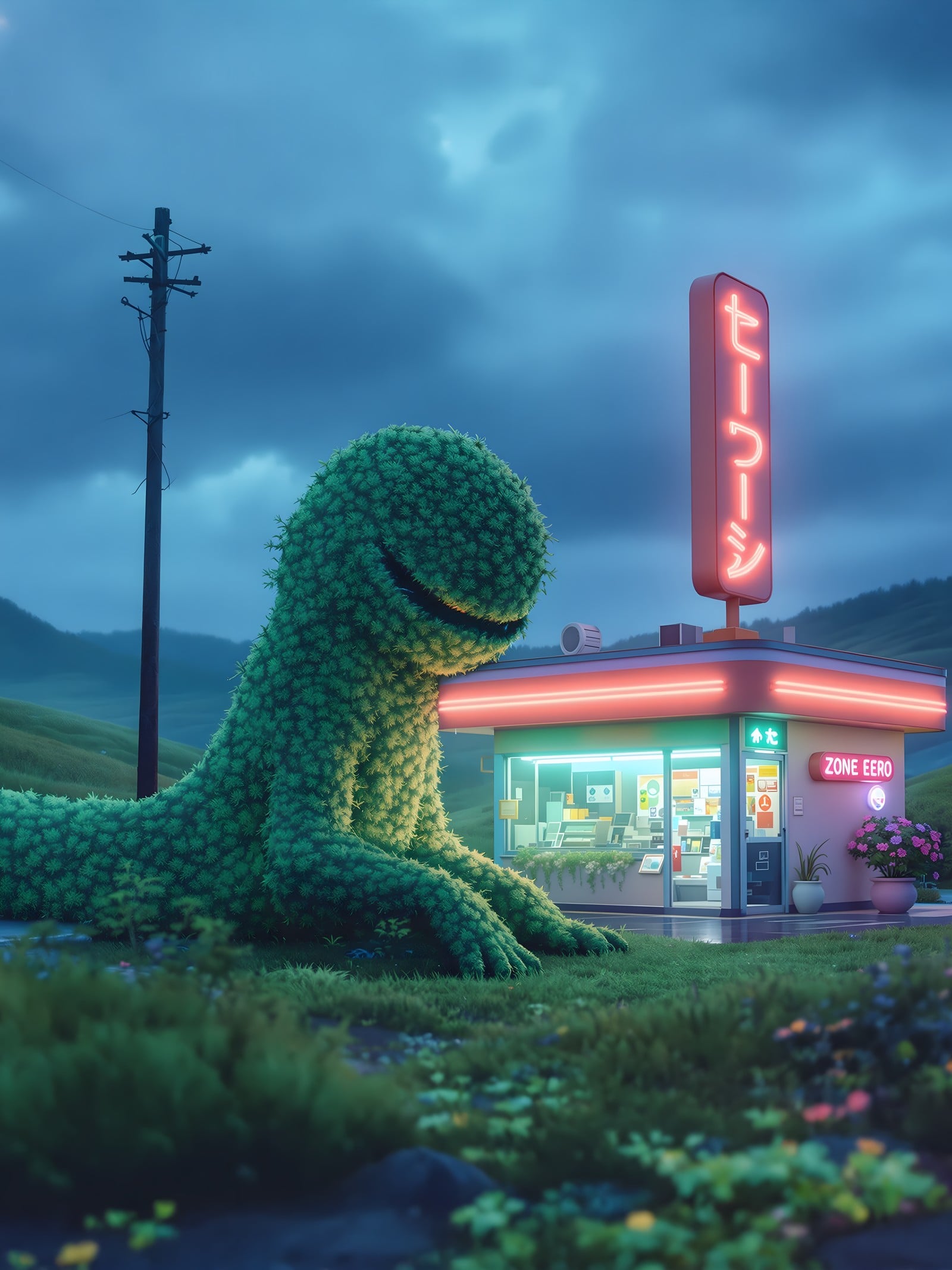 Grassy Monster at Japanese Convenience Store, grassy monster, convenience store, japan, neon lights, cute monster, fantasy