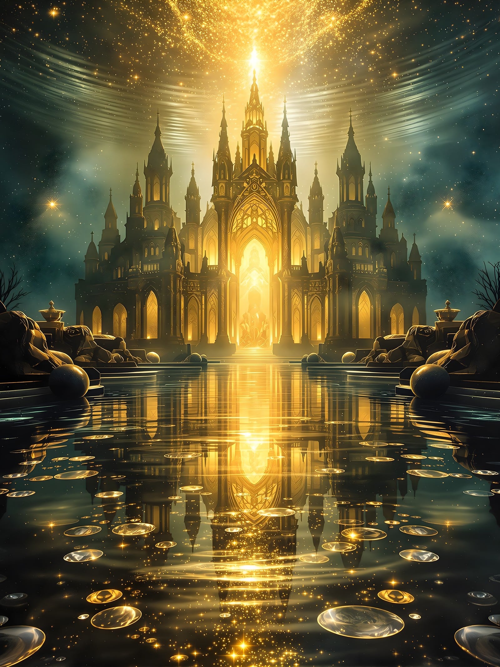 Golden Fantasy Castle on Water at Night Wallpaper, fantasy castle, golden palace, enchanted kingdom, night sky, starry night, reflective water