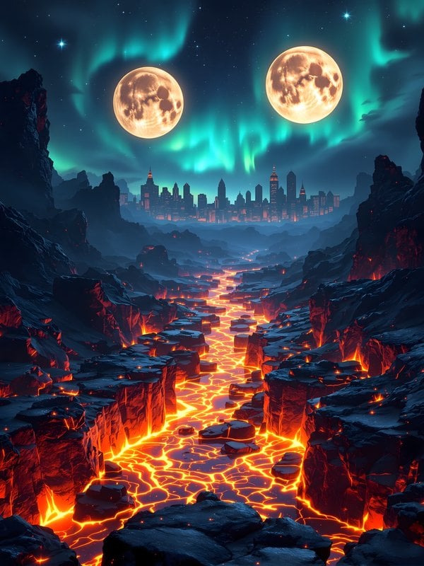 Lava River City: Dual Moons & Aurora