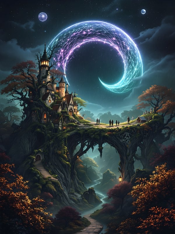 Enchanted Castle Bridge under Cosmic Crescent Moon