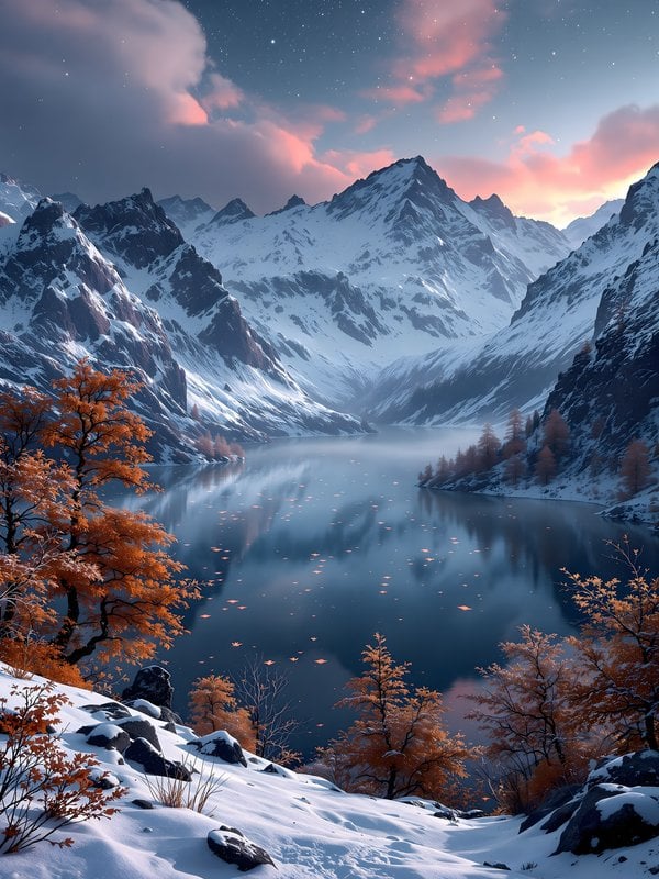 Snowy Mountains Lake Autumn Trees Starry Sky