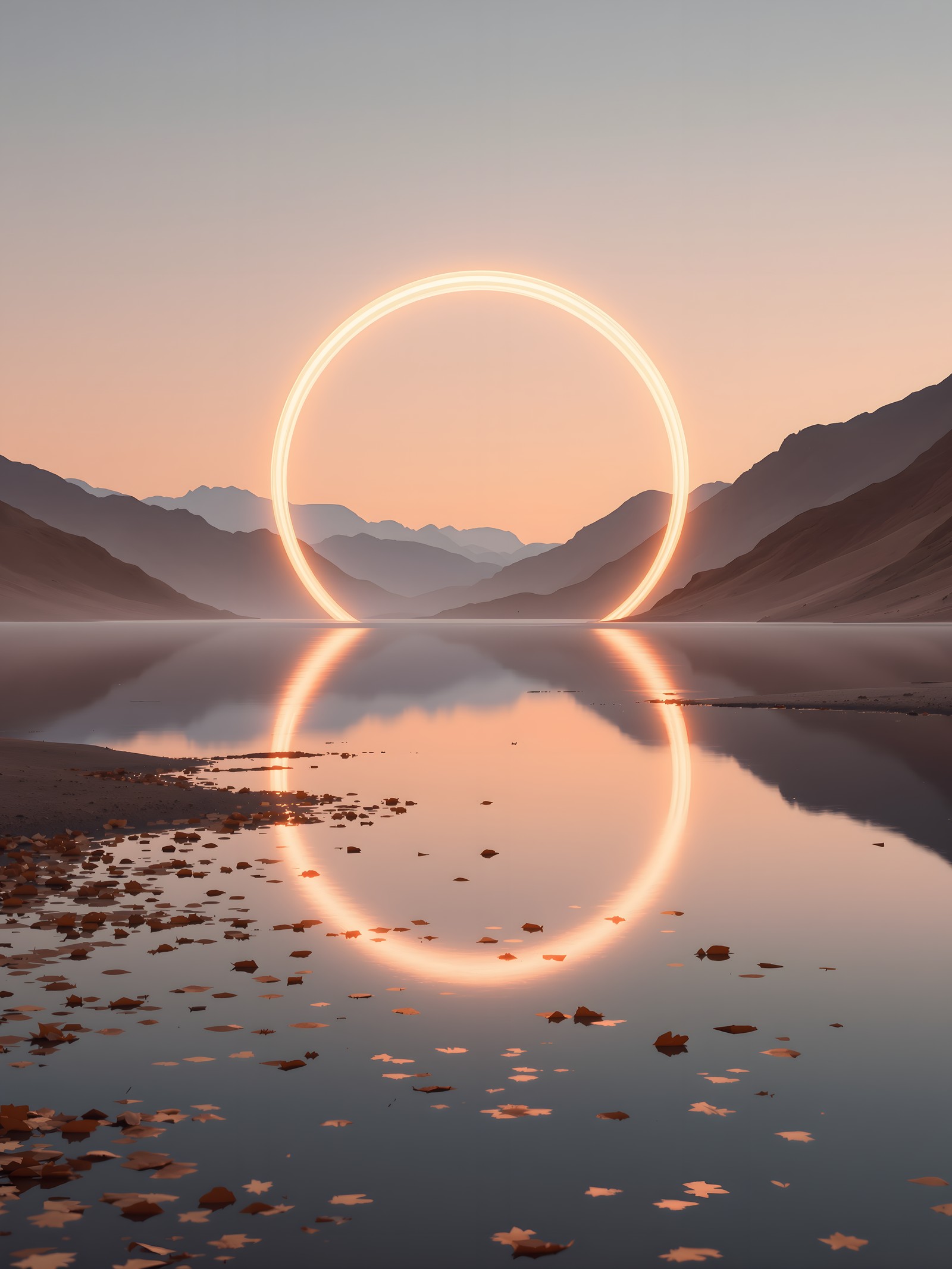 Glowing Ring over Calm Lake at Sunset, glowing ring, calm lake, sunset, mountains, reflection, abstract landscape