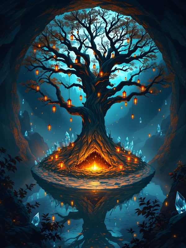 Mystic Cave Tree of Light with Lanterns & Crystals