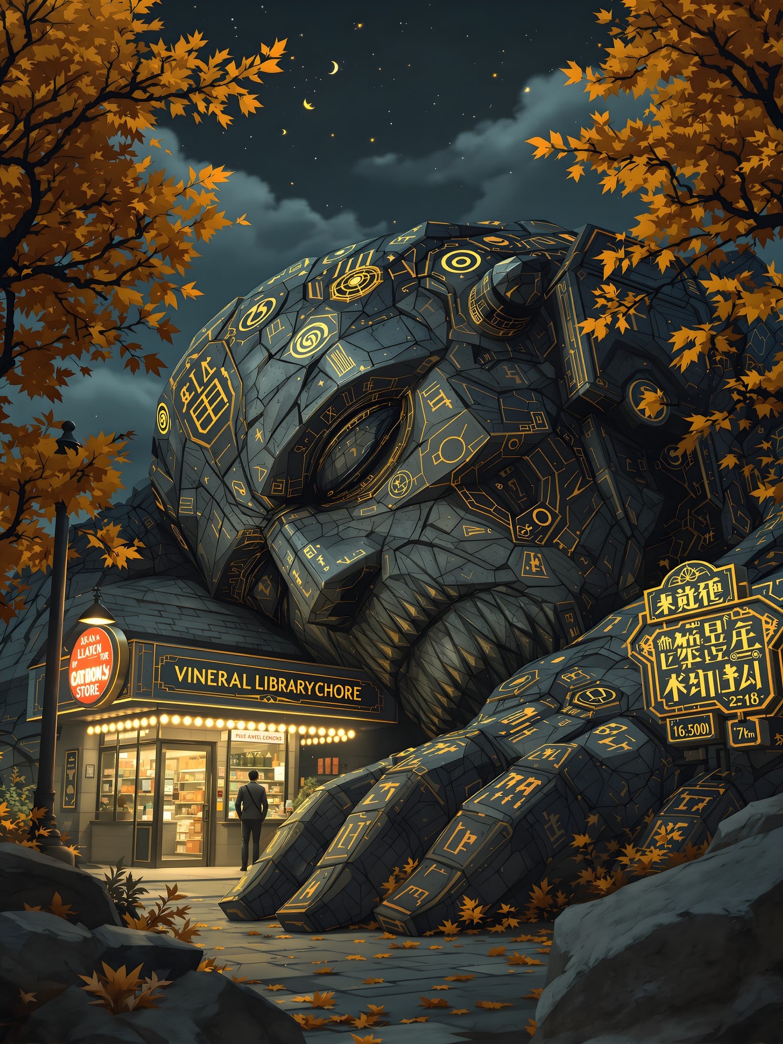 Ancient Golem Bookstore at Night Wallpaper, fantasy, golem, bookstore, night scene, autumn leaves, mysterious