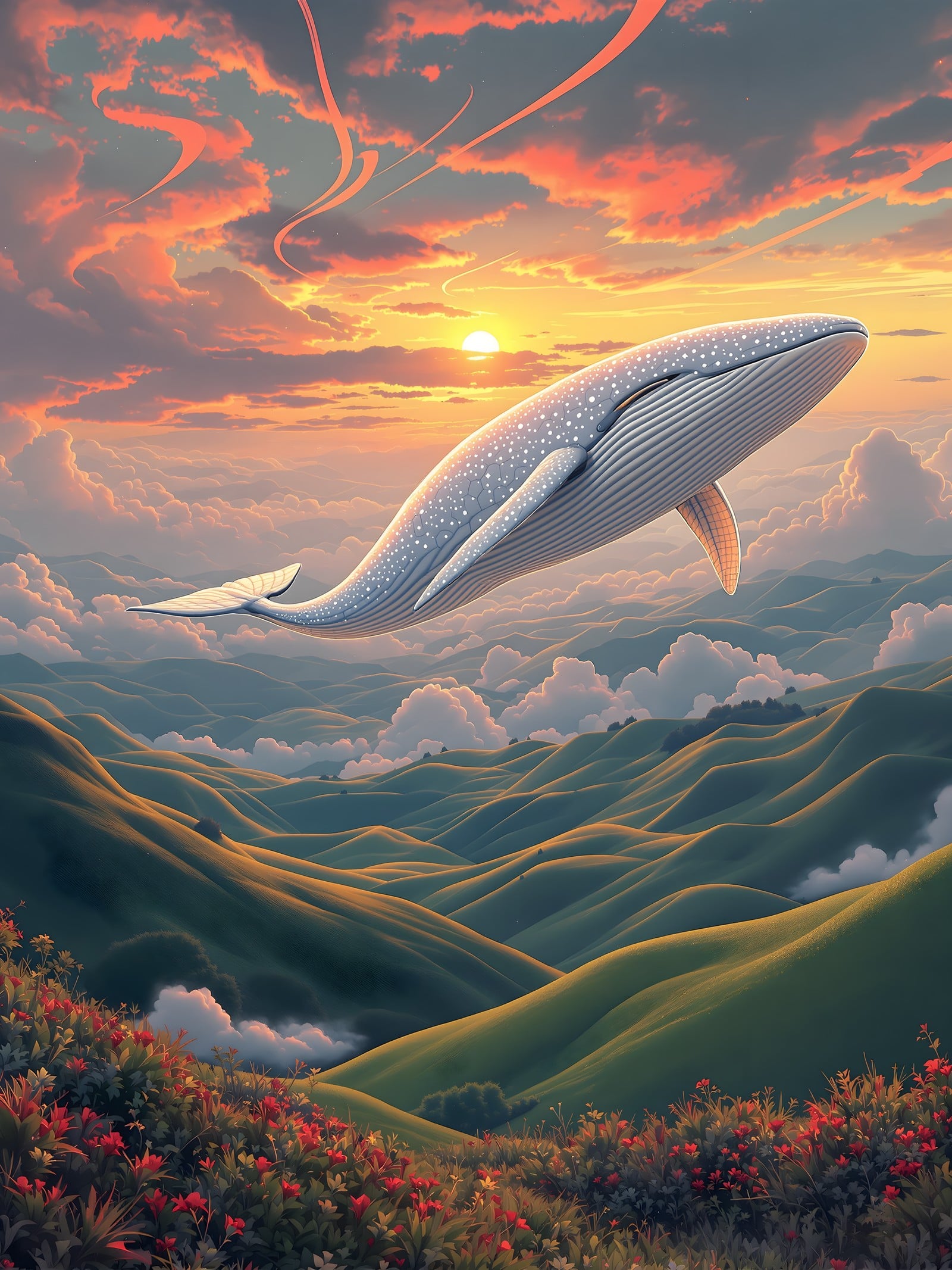 Flying Whale Sunset Dreamscape Wallpaper, flying whale, fantasy landscape, sunset, dreamy, orange sky, green hills