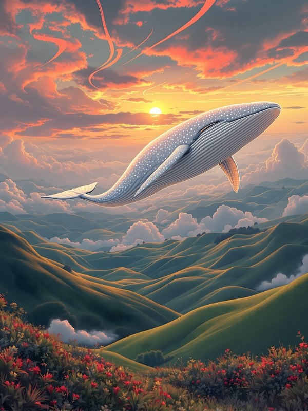 Flying Whale Sunset Dreamscape Wallpaper