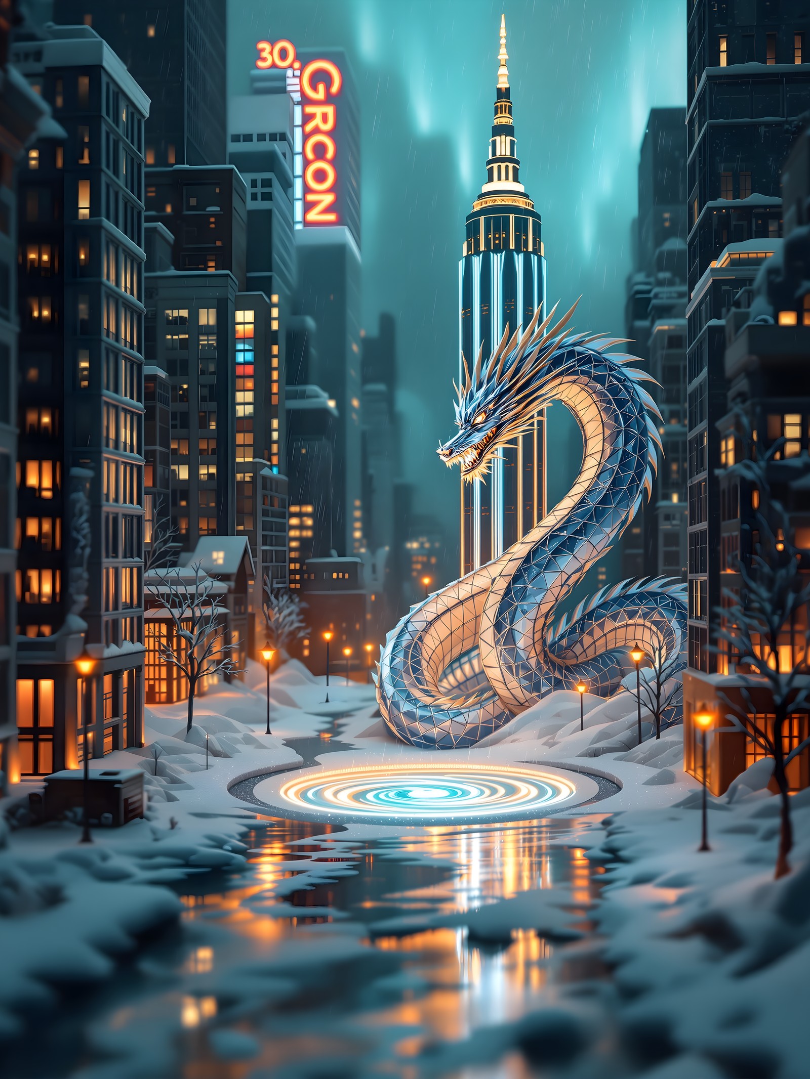 Winter Cityscape with Dragon and Aurora, winter city, dragon, fantasy, aurora, snow, cityscape