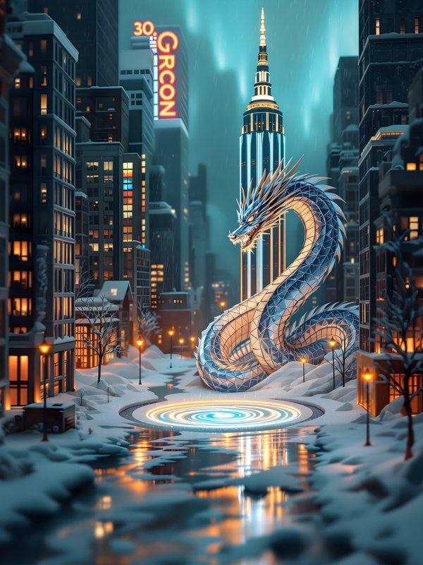 Winter Cityscape with Dragon and Aurora