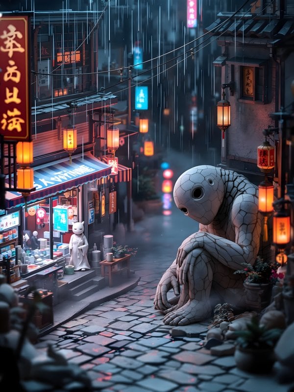 Rainy Night Alley with Seated Cracked Figure