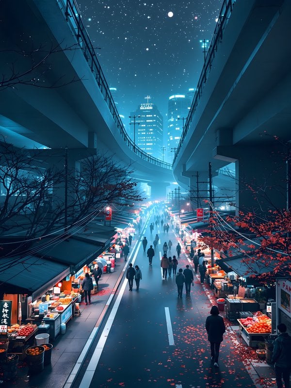 Cyberpunk City Market Night Sky Wallpaper
