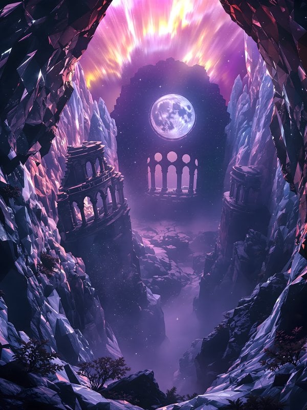 Celestial Crystal Cave with Aurora and Ruins