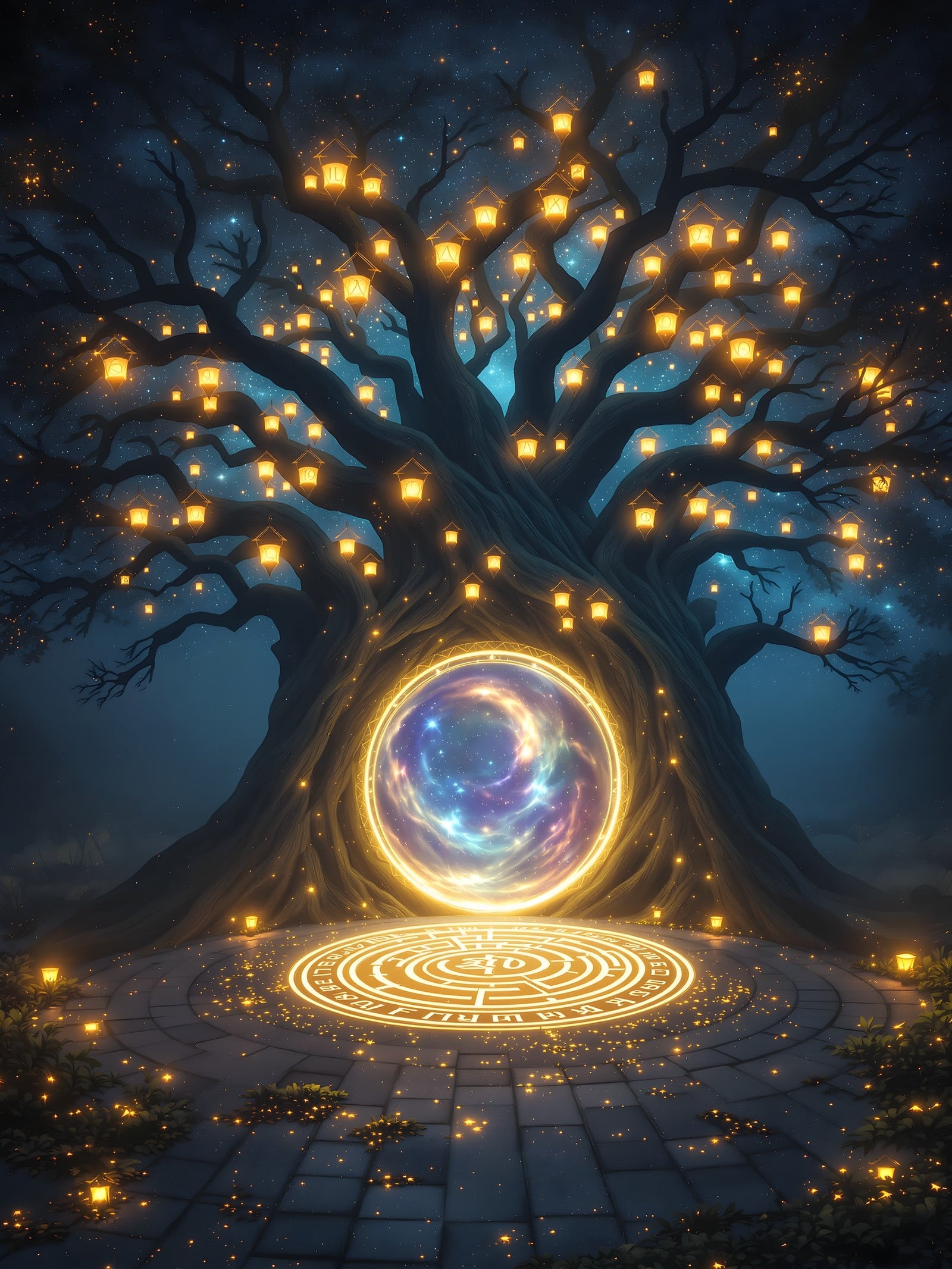 Magical Tree Portal, Glowing Lanterns, Night Sky, magical tree, fantasy portal, glowing lanterns, night sky, cosmic, enchanted forest