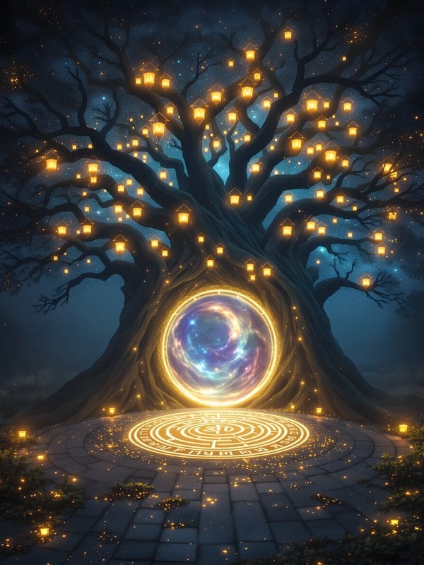Magical Tree Portal, Glowing Lanterns, Night Sky