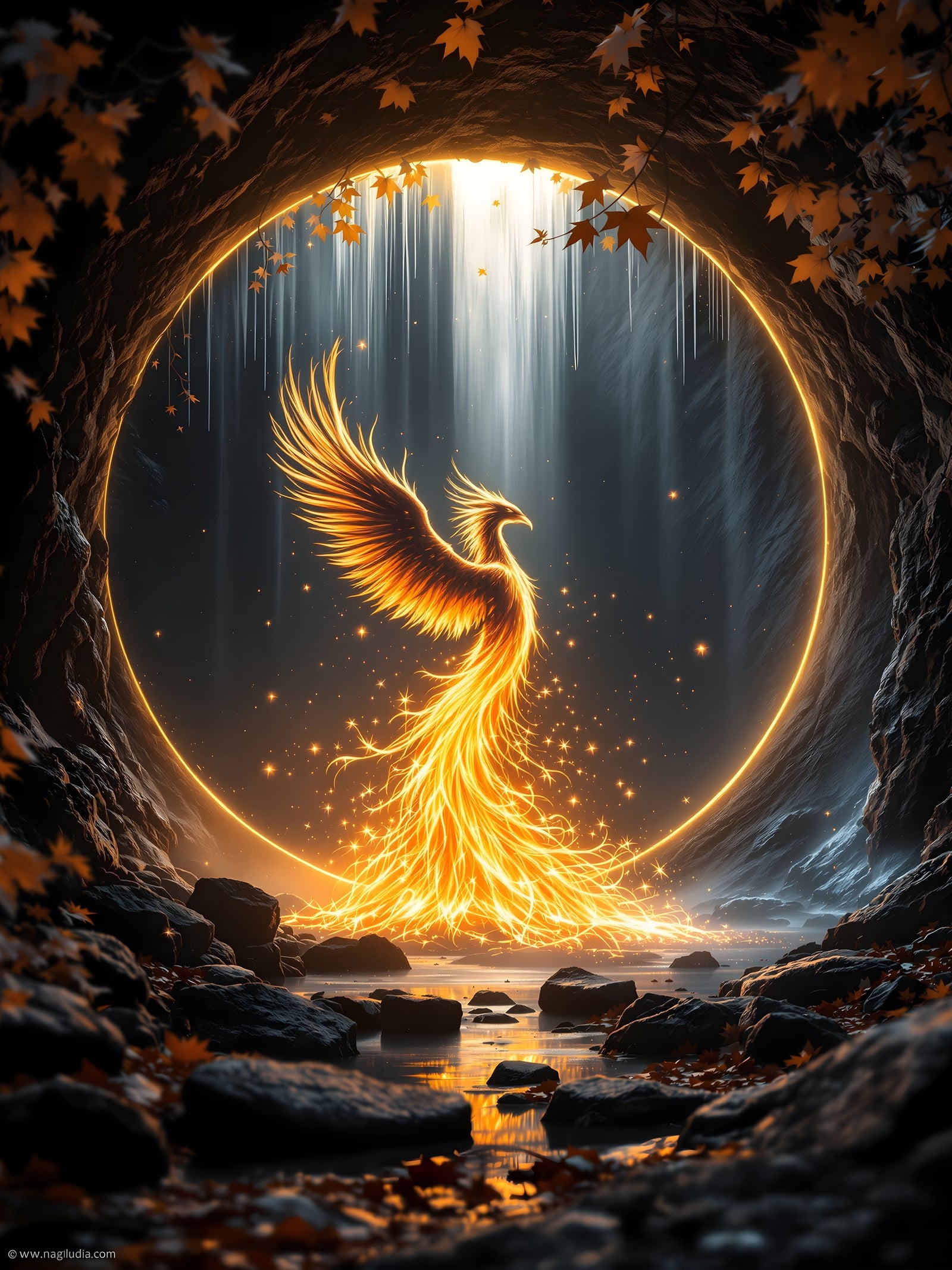 Phoenix Rising in Cave Grotto with Orange Leaves, phoenix, fantasy, mythical creature, golden bird, fire, cave