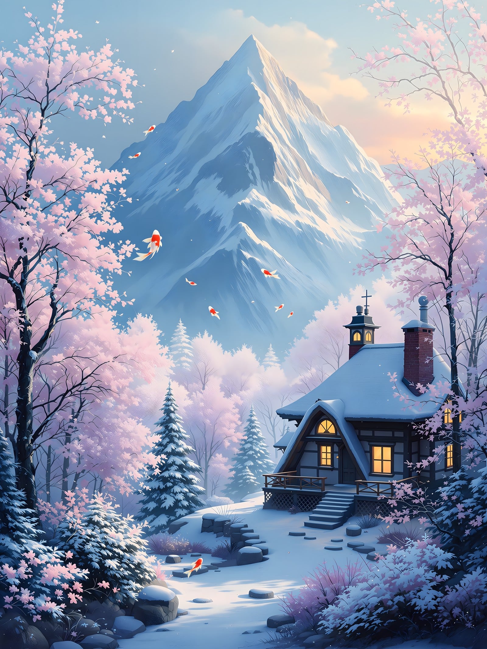Winter Cherry Blossom Cottage & Floating Koi, cherry blossom, winter landscape, snowy cottage, floating koi, fantasy art, anime style