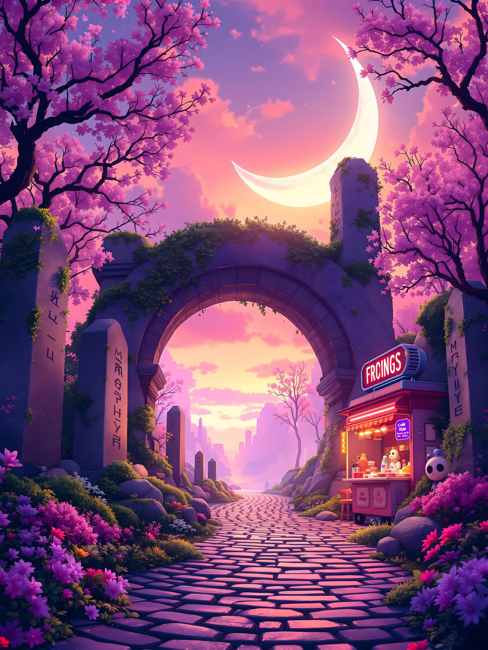 Fantasy Cobblestone Path Under Pink Sky Crescent Moon, fantasy, cherry blossom, pink sky, crescent moon, cobblestone path, anime aesthetic