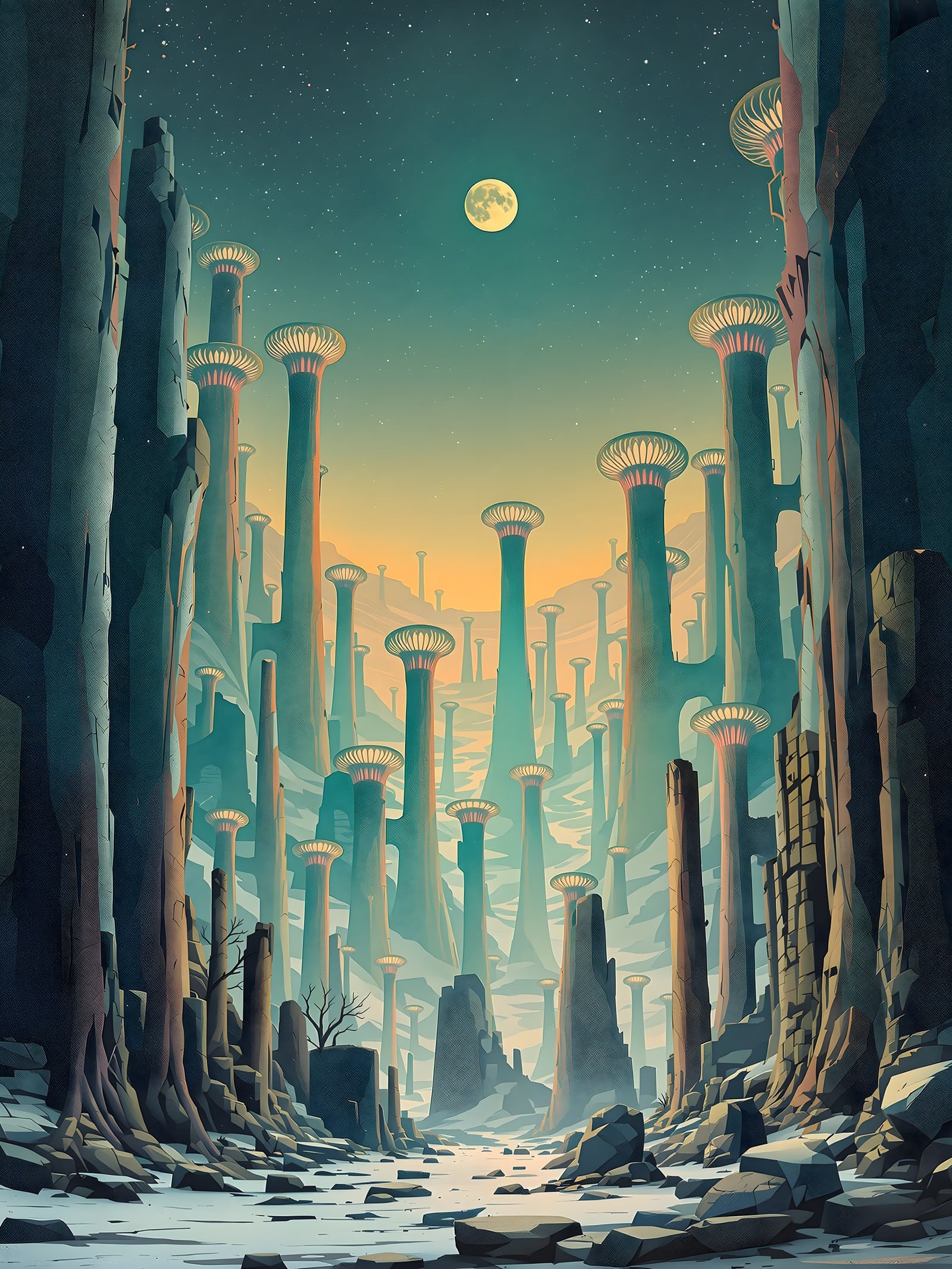 Fantasy Valley Under Moonlit Sky, fantasy valley, moonlit night, alien landscape, glowing pillars, celestial, sci-fi art