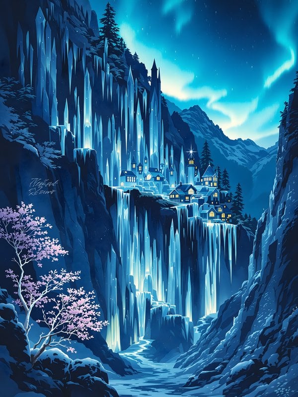 Enchanted Ice Village & Aurora Borealis Wallpaper