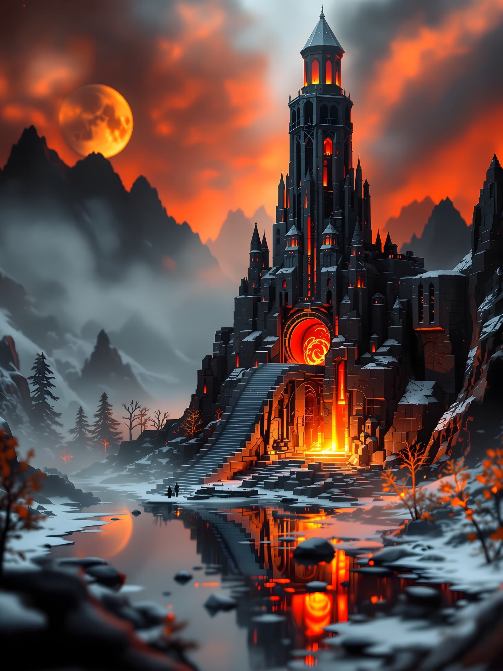 Fantasy Castle Winter Night with Blood Moon, dark fantasy, castle, winter, blood moon, gothic fantasy, glowing castle