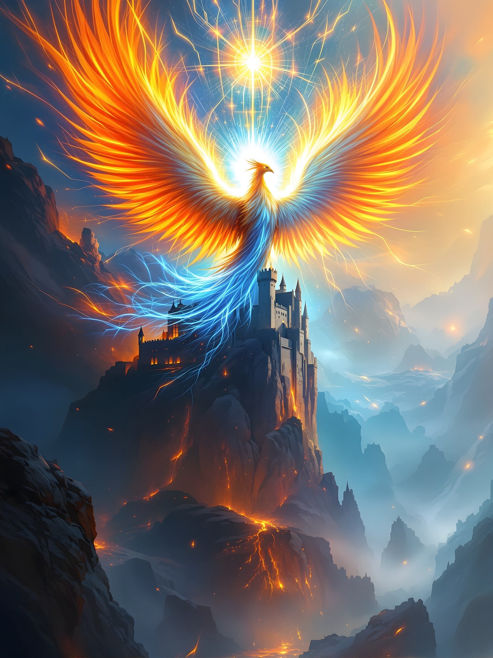 Phoenix Castle Fantasy Art Wallpaper, phoenix, fantasy, castle, mythical creature, magical, fire and ice