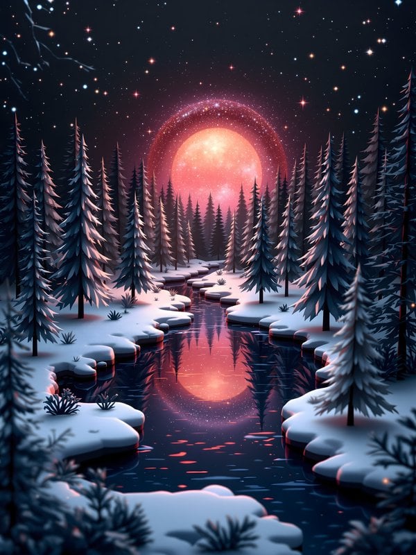 Winter Forest Night with Cosmic Pink Moon & River