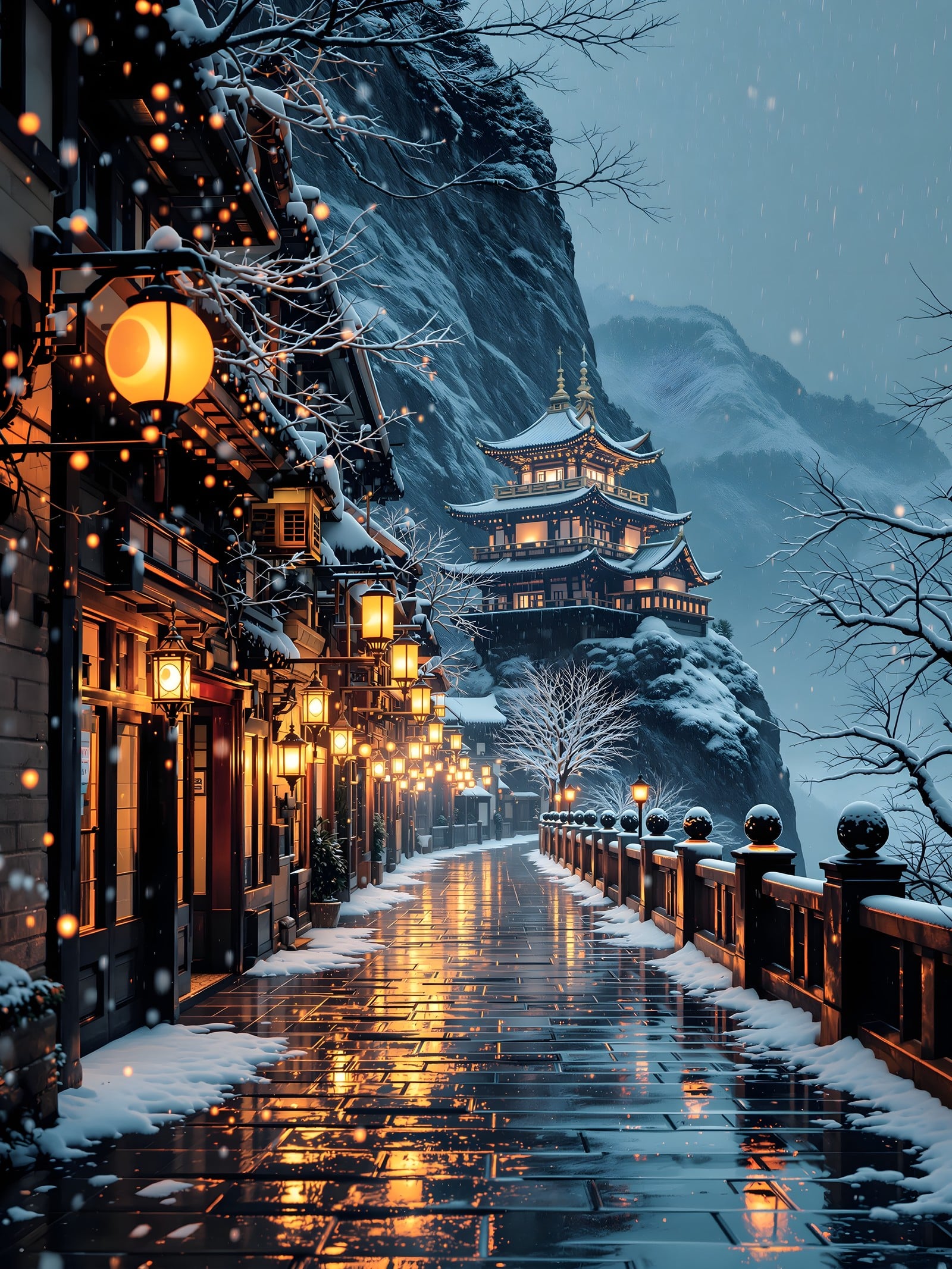 Winter Village Temple Snow Lanterns Night, winter village, asian temple, snowy night, lanterns, traditional architecture, mountain
