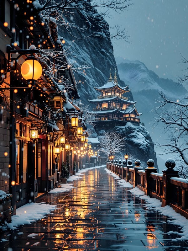 Winter Village Temple Snow Lanterns Night