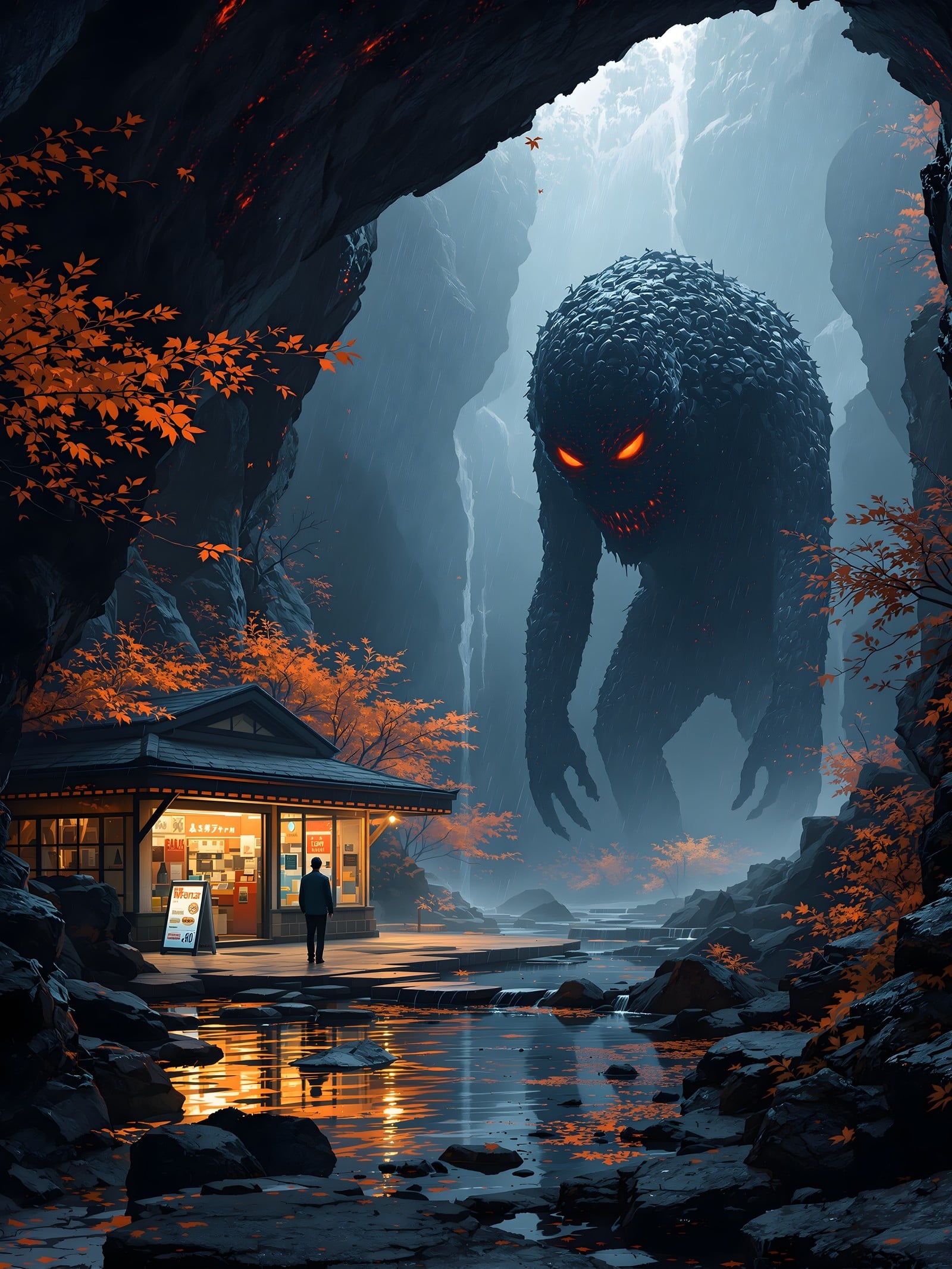 Autumn Night Encounter: Kaiju at Japanese Store, kaiju, monster, japanese store, autumn leaves, dark fantasy, mysterious