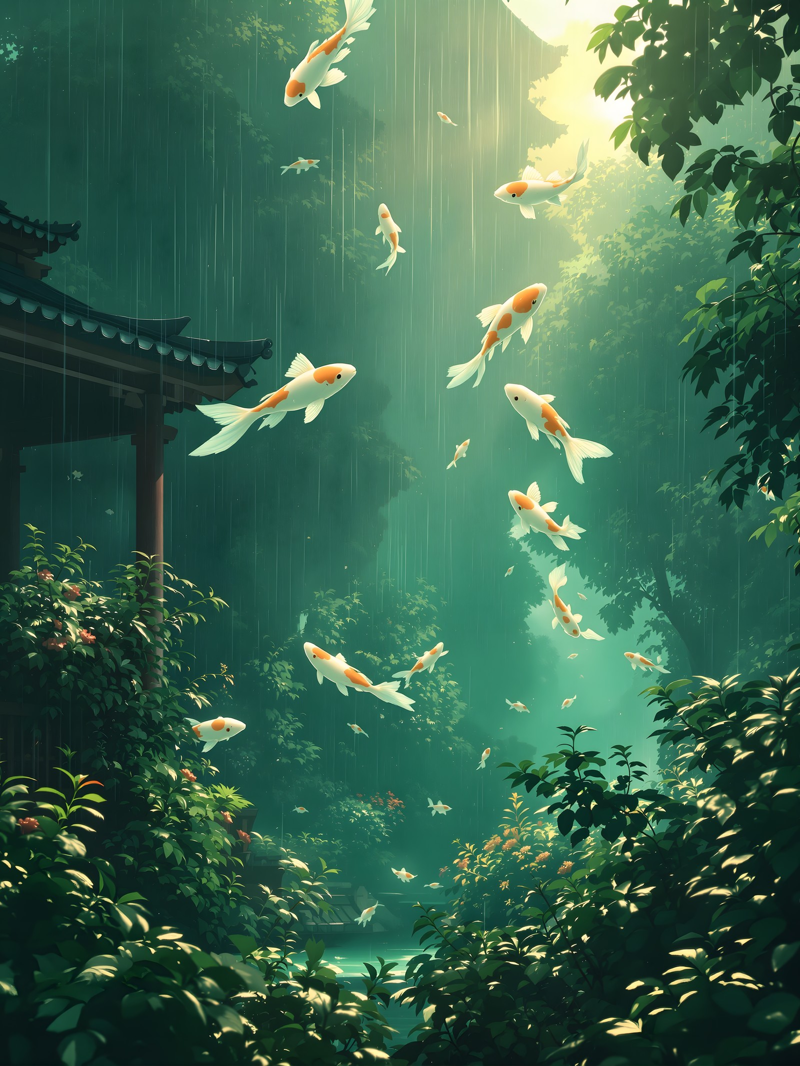 Fantasy Koi Fish Flying in Rainy Forest Temple, koi fish, fantasy forest, flying fish, rainy temple, mystical art, lush greenery