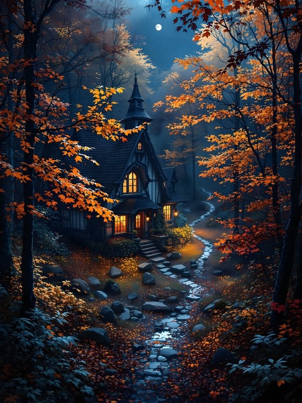 Enchanted Forest Cottage Autumn Night
