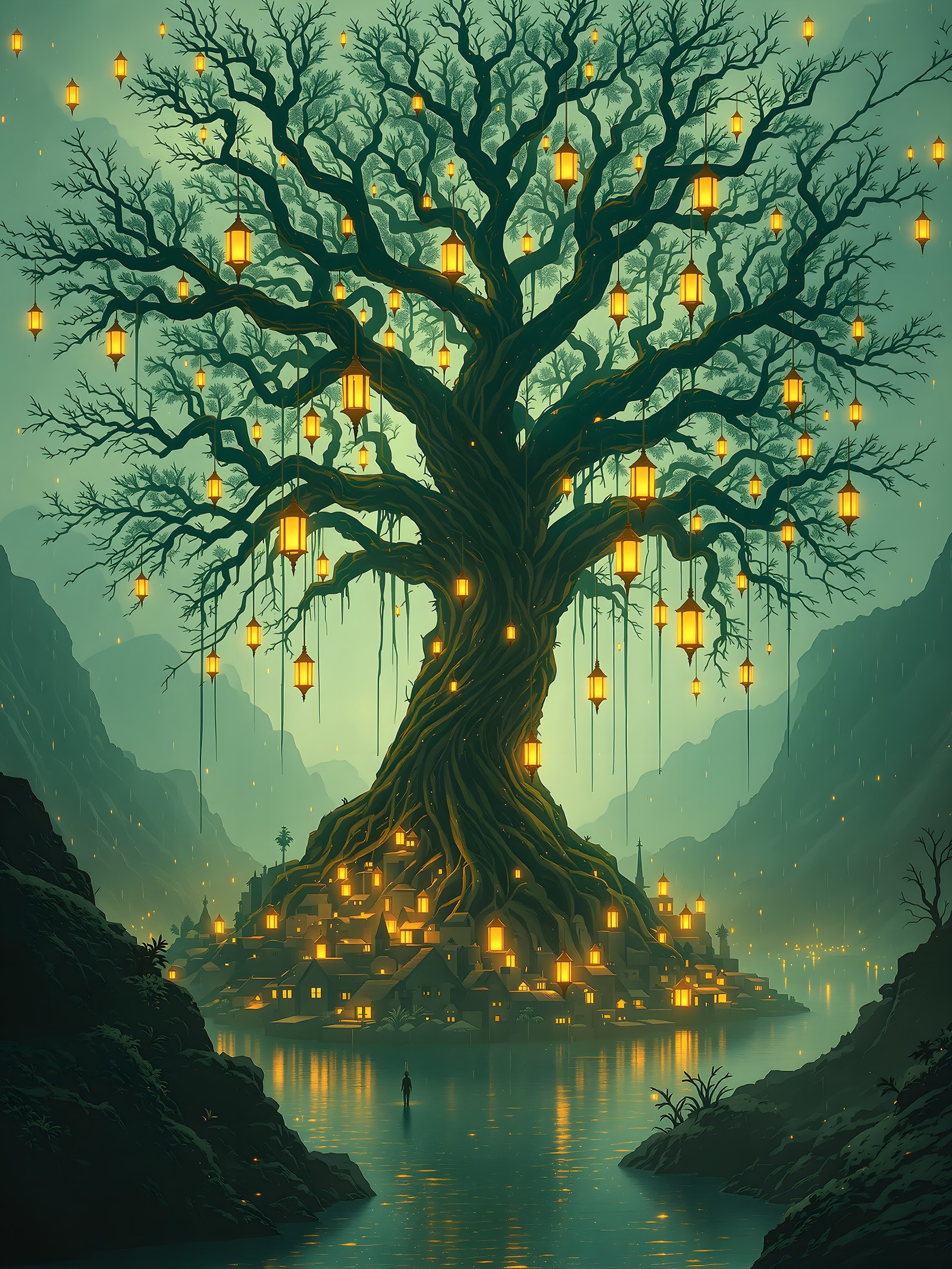 Fantasy Tree City with Glowing Lanterns, fantasy tree, glowing lanterns, magical village, teal aesthetic, enchanted forest, mythical landscape