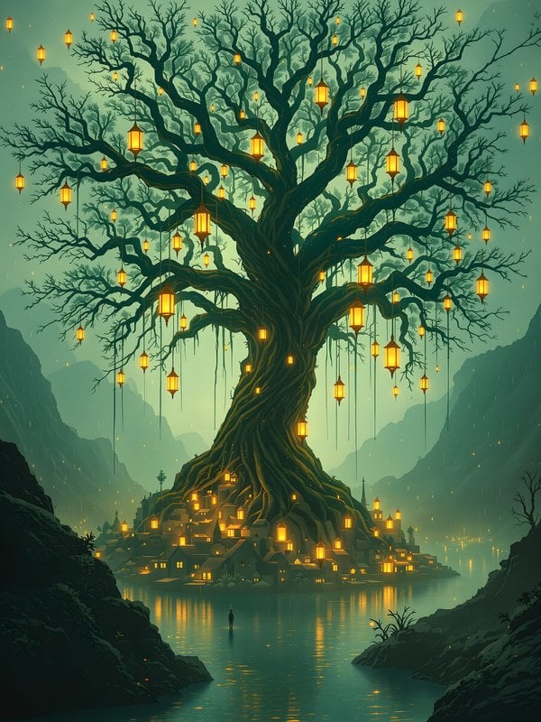 Fantasy Tree City with Glowing Lanterns