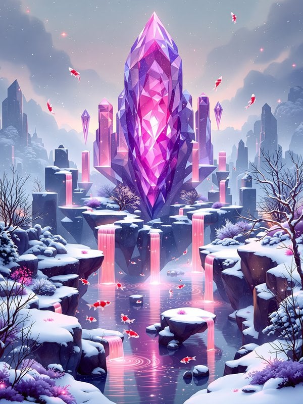 Winter Crystal Landscape with Pink Waterfalls