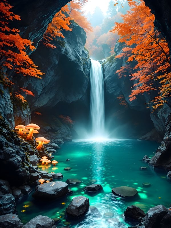 Fantasy Waterfall with Glowing Mushrooms Autumn Leaves