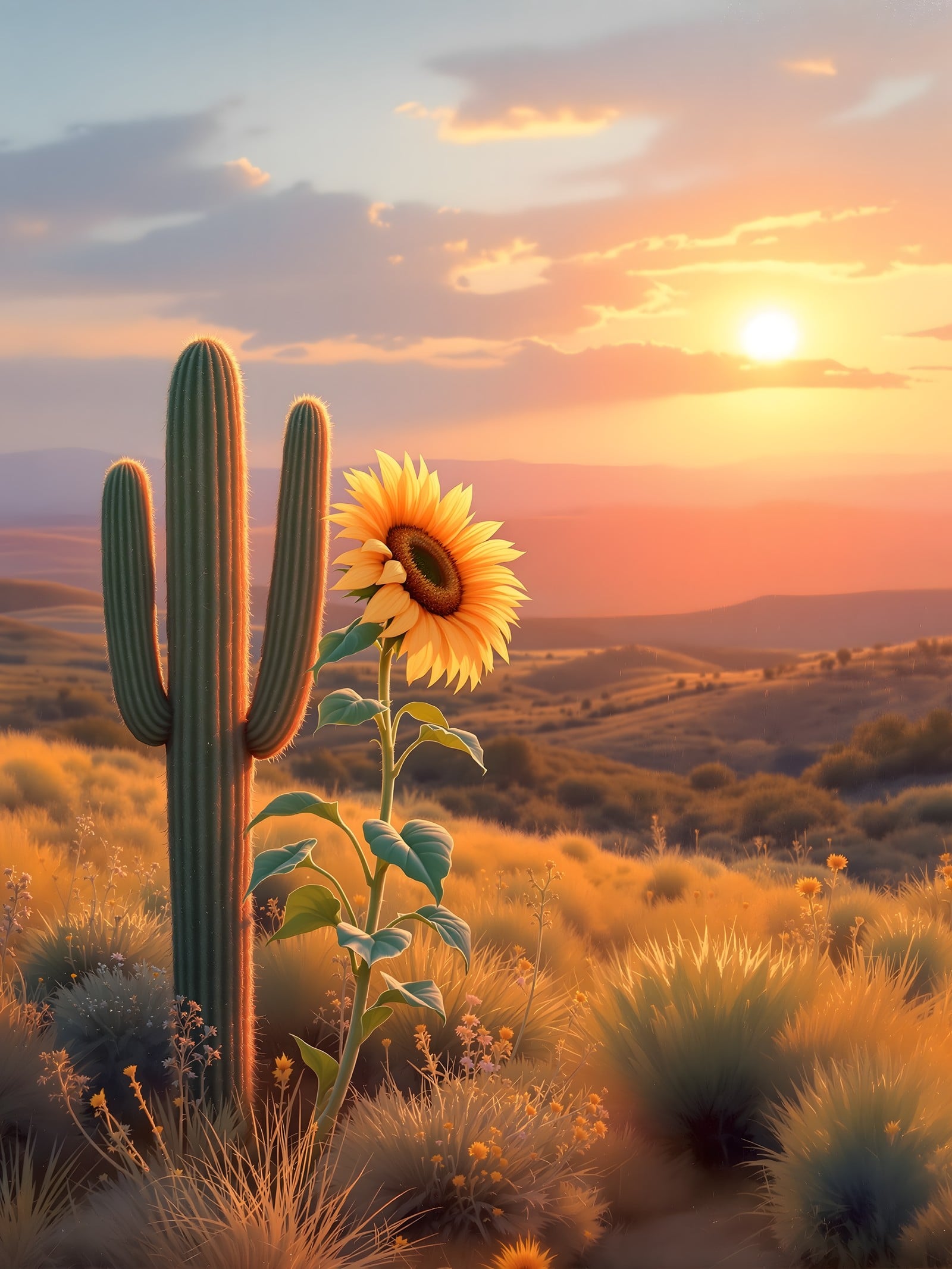 Desert Sunset Cactus & Sunflower Wallpaper, desert sunset, cactus, sunflower, warm glow, nature, floral