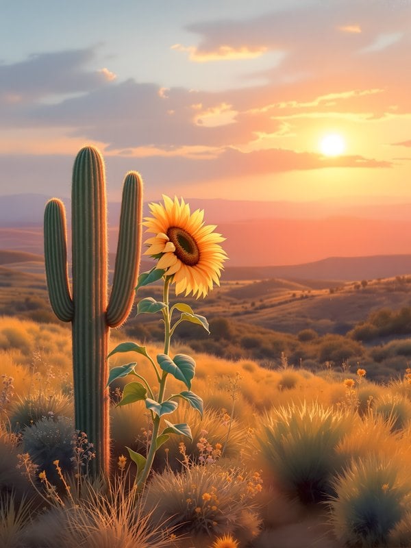 Desert Sunset Cactus & Sunflower Wallpaper