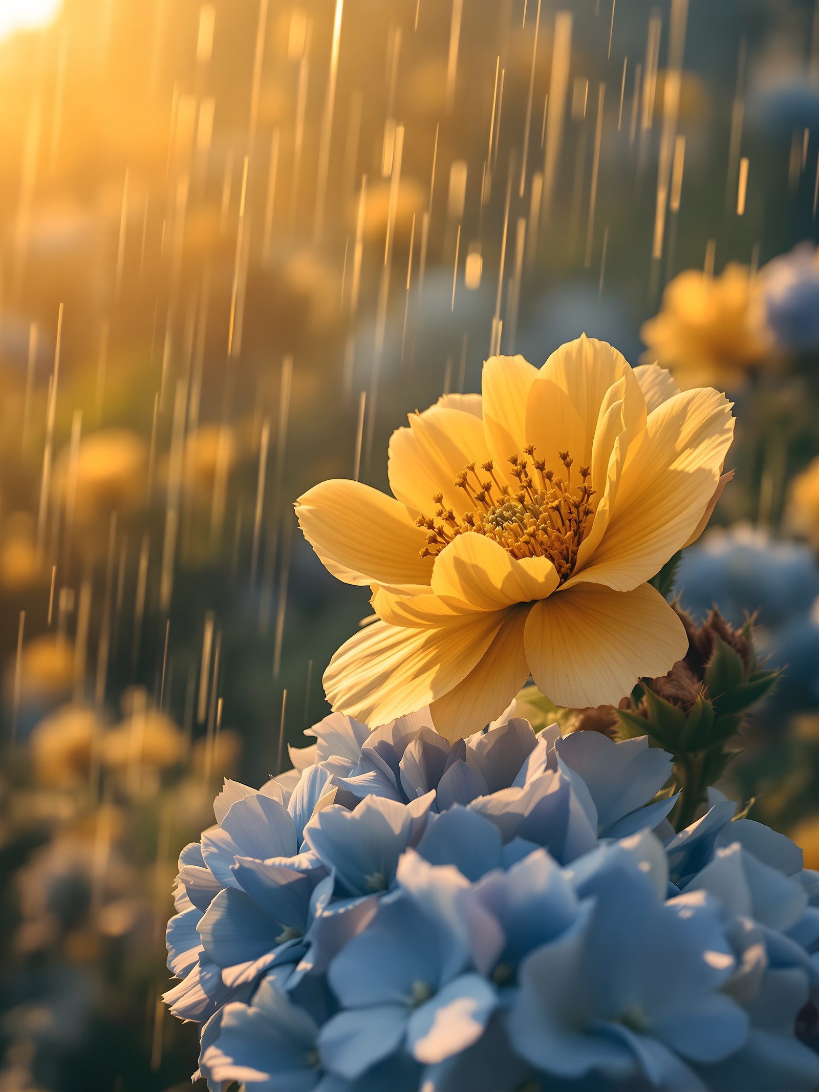 Golden Hour Rain on Yellow & Blue Flowers, golden hour, flowers, rain, yellow flower, blue flower, hydrangea