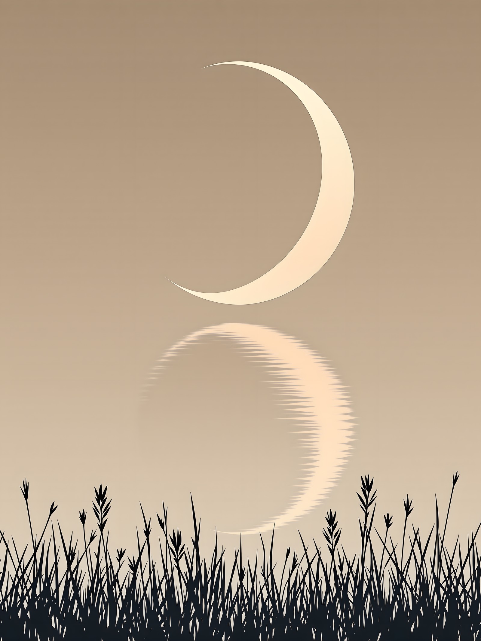 Crescent Moon Reflection over Grass Silhouette, crescent moon, moonlight, reflection, grass silhouette, minimalist, night scene